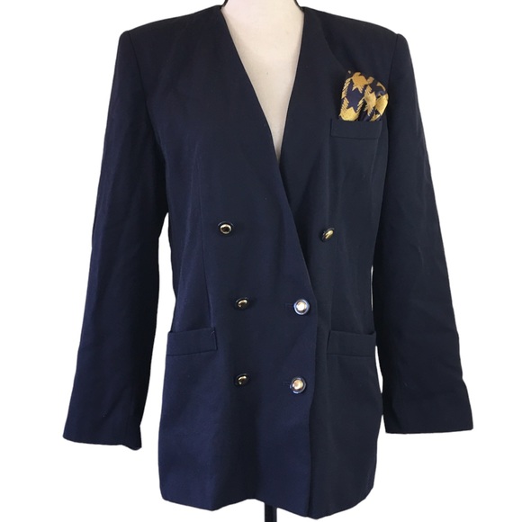 Vintage 90s Kasper Navy Blue Skirt Suit Pleated Double Breasted Collarless 14 - Picture 6 of 8